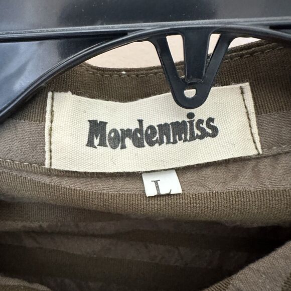 Mordenmiss Tunic Top Lg Green Striped Button Up Long Line Lagen - Picture 2 of 6